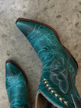Turquoise Embroidered Cowgirl Wide Mid Calf Boots Block Heeled Western Boots